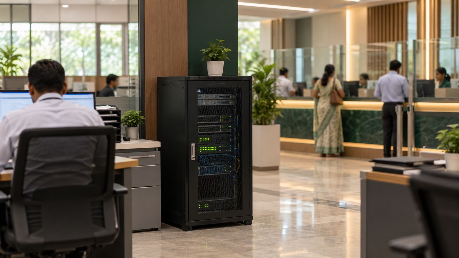 Bank branch back office with a server cabinet