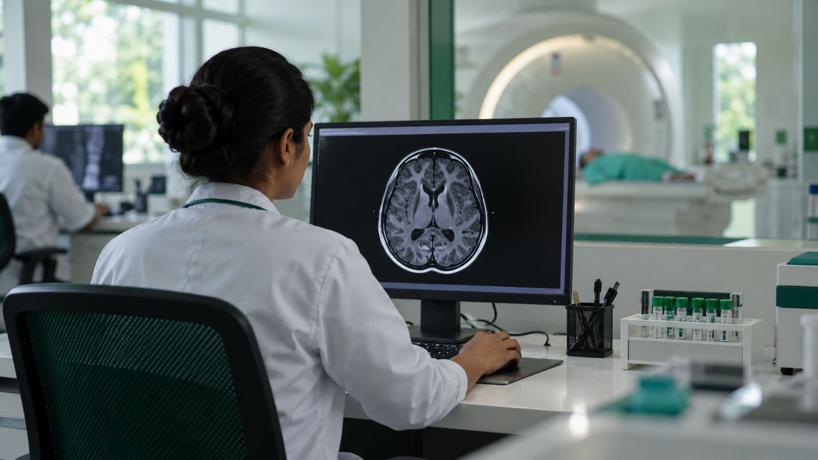 Diagnostics lab technician at a scan workstation