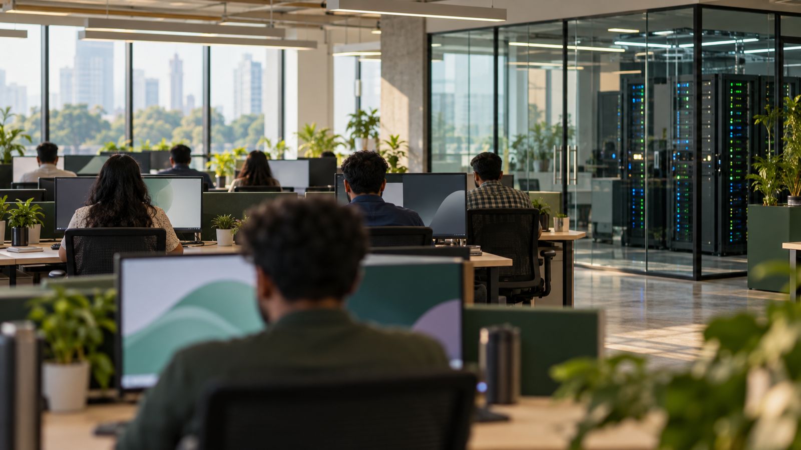 Bengaluru software office with a glass-walled server room